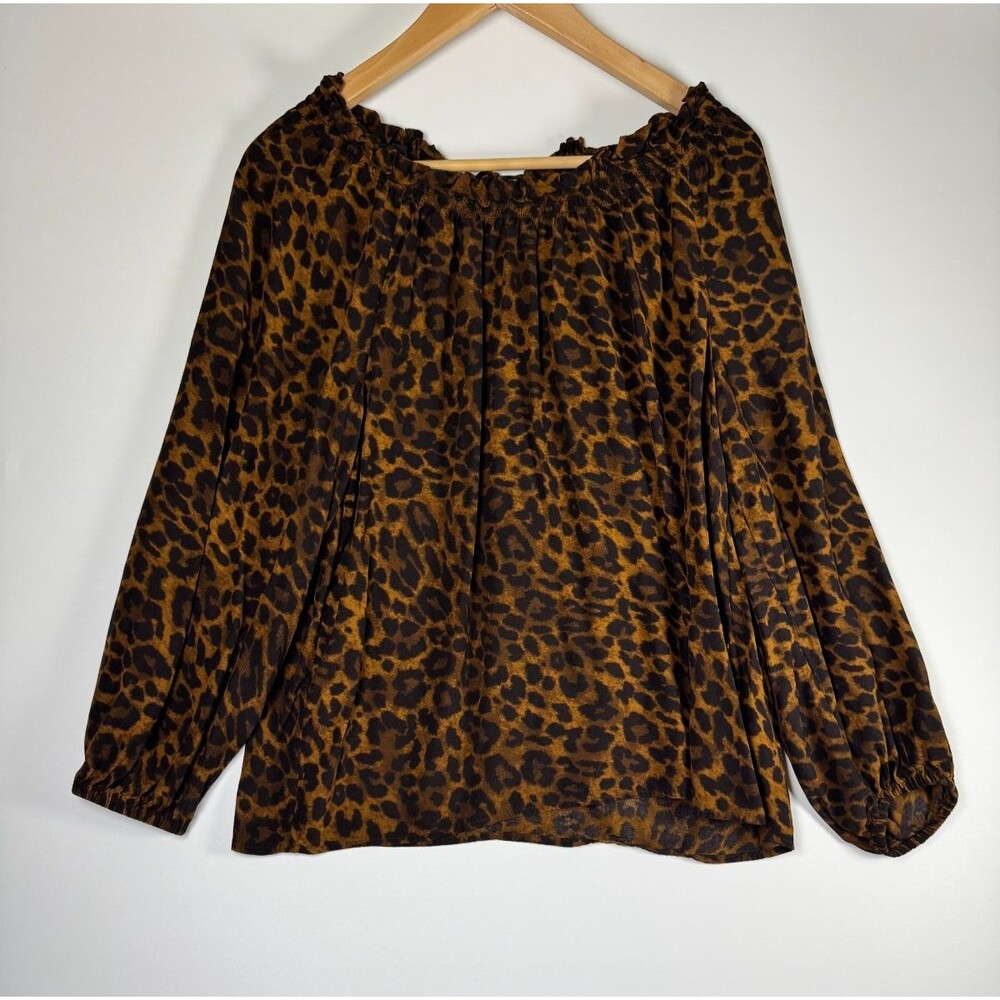 Talbots Blouse Large Petite Brown Leopard Print Viscoseβ Long Sleeve Tie Neck
